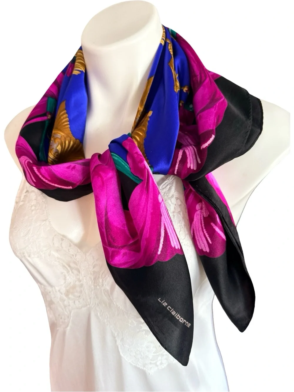 Vintage Liz Claiborne Silk Scarf Royal Blue Magenta Gold Tassel Medallion 30x30